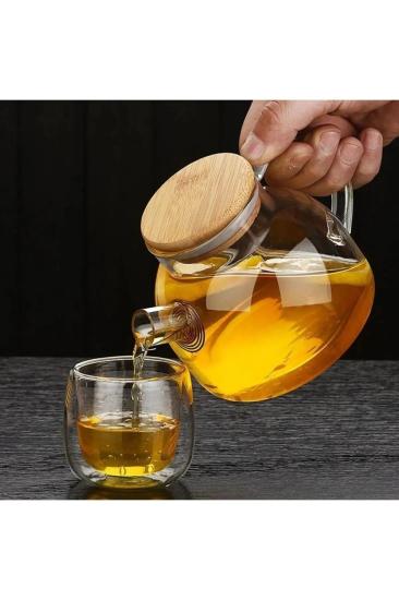 1000ml Bambu Kapaklı Isıya Dayanıklı Cam Bitki Çayı Demliği Cam Sürahi